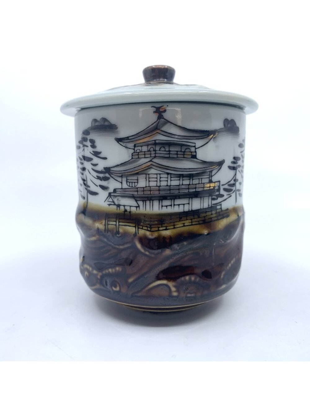 Vintage Japanese Kutani Lidded Yunomi Tea Cup Golden Pavilion Running Horse